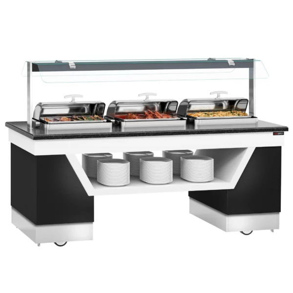 Bufetový pult s ohřevem - se 3 chafing mísami & kolečky - 2300mm - Image 7