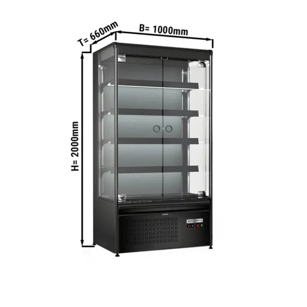 Nástěnná chladící police - 1000 mm - 360 litrů - s LED osvětlením, skleněnými dvířky a 4 policemi