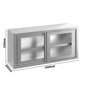 Nerezová nástěnná skříňka - 1000x400 mm - se skleněnými posuvnými dveřmi - výška 650 mm