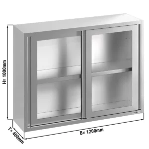 Nerezová nástěnná skříňka - 1200x400 mm - posuvné skleněné dveře - výška 1000 mm