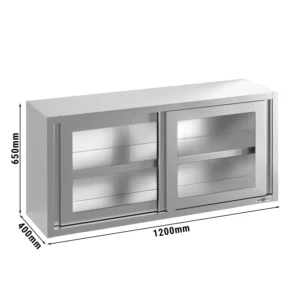 Nerezová nástěnná skříňka - 1200x400mm - s posuvnými skleněnými dveřmi - 650mm vysoká
