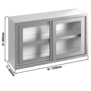 Nerezová nástěnná skříňka - 1200 x 400 mm - posuvné skleněné dveře - výška 800 mm