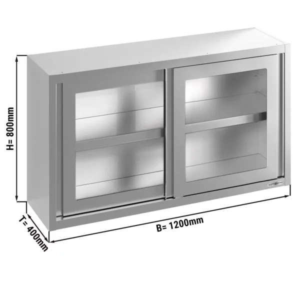 Nerezová nástěnná skříňka - 1200 x 400 mm - posuvné skleněné dveře - výška 800 mm