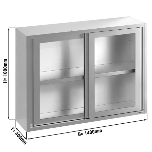 Nerezová nástěnná skříňka - 1400x400 mm - posuvné skleněné dveře - výška 1000 mm
