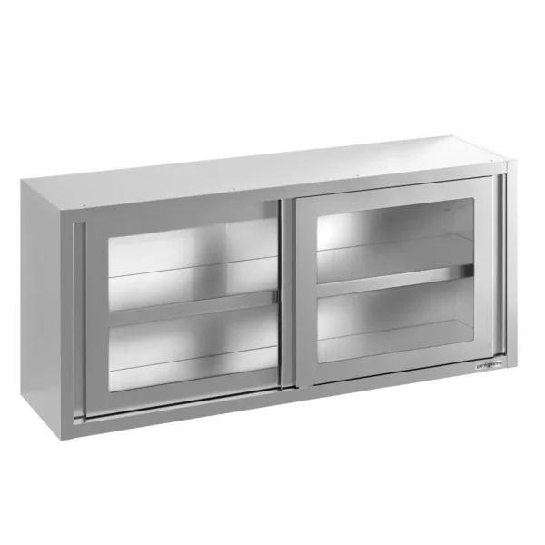 Nerezová nástěnná skříňka - 1400 x 400 mm - s posuvnými skleněnými dveřmi - výška 650 mm - Image 3