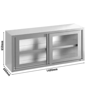 Nerezová nástěnná skříňka - 1400 x 400 mm - s posuvnými skleněnými dveřmi - výška 650 mm