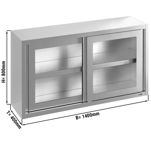 Nerezová nástěnná skříňka - 1400 x 400 mm - posuvné skleněné dveře - výška 800 mm