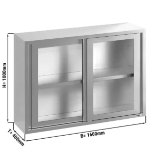 Nerezová nástěnná skříňka - 1600x400 mm - posuvné skleněné dveře - výška 1000 mm