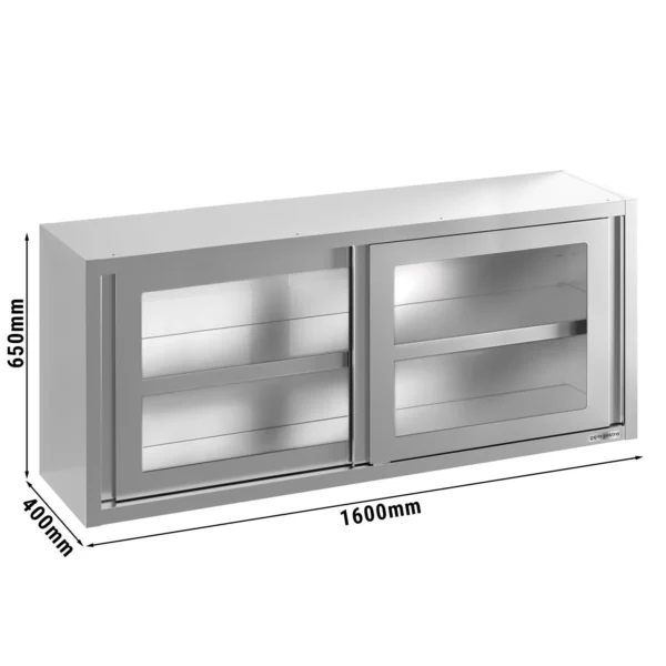 Nerezová nástěnná skříňka - 1600x400mm - s posuvnými skleněnými dveřmi - výška 650mm