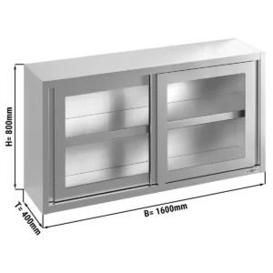 Nerezová nástěnná skříňka - 1600 x 400 mm - posuvné skleněné dveře - výška 800 mm