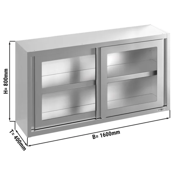 Nerezová nástěnná skříňka - 1600 x 400 mm - posuvné skleněné dveře - výška 800 mm