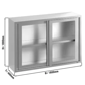 Nerezová nástěnná skříňka - 1800x400 mm - posuvné skleněné dveře - výška 1000 mm