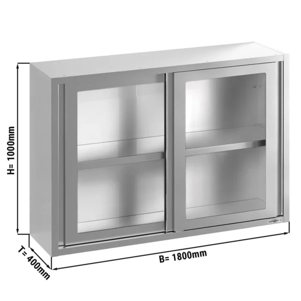 Nerezová nástěnná skříňka - 1800x400 mm - posuvné skleněné dveře - výška 1000 mm