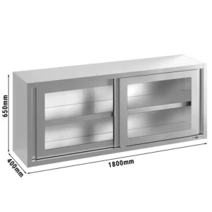 Nerezová nástěnná skříňka - 1800x400 mm - se skleněnými posuvnými dveřmi - výška 650 mm