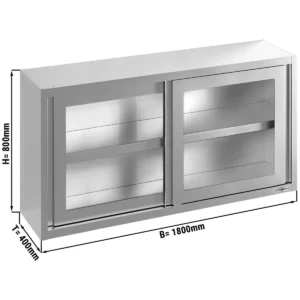 Nerezová nástěnná skříňka - 1800x400 mm - posuvné skleněné dveře - výška 800 mm