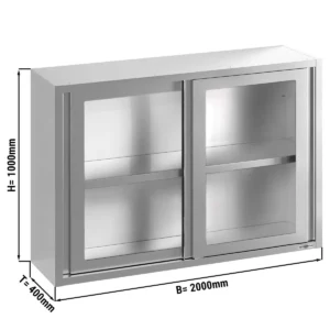 Nerezová nástěnná skříňka - 2000x400 mm - posuvné skleněné dveře - výška 1000 mm