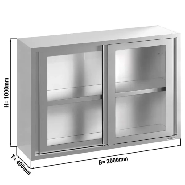 Nerezová nástěnná skříňka - 2000x400 mm - posuvné skleněné dveře - výška 1000 mm