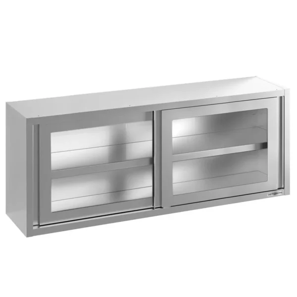 Nerezová nástěnná skříňka - 2000 x 400 mm - se skleněnými posuvnými dveřmi - výška 650 mm - Image 3