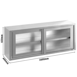 Nerezová nástěnná skříňka - 2000 x 400 mm - se skleněnými posuvnými dveřmi - výška 650 mm