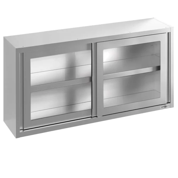 Nerezová nástěnná skříňka - 2000 x 400 mm - posuvné skleněné dveře - výška 800 mm - Image 2
