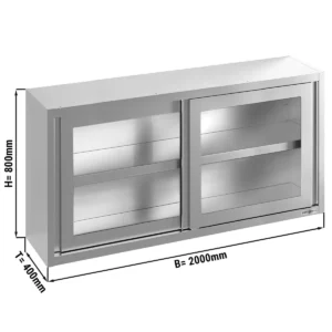 Nerezová nástěnná skříňka - 2000 x 400 mm - posuvné skleněné dveře - výška 800 mm