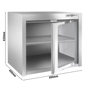 Nerezová nástěnná skříňka - 800x400mm - se skleněnými křídlovými dveřmi - výška 650mm