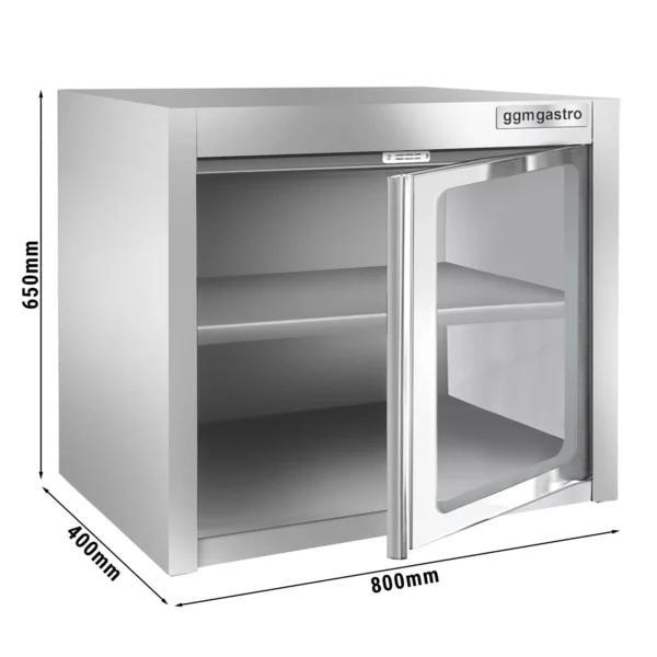 Nerezová nástěnná skříňka - 800x400mm - se skleněnými křídlovými dveřmi - výška 650mm