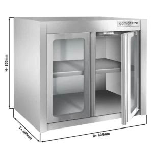 Nerezová nástěnná skříňka - 800 x 400 mm - skleněné křídlové dveře - výška 800 mm