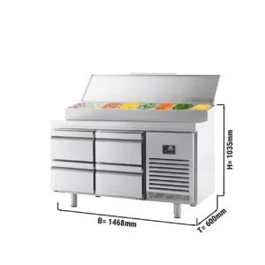 Přípravný chladící stůl - 1468x600mm - se 4 zásuvkami - nerezový nástavec 8x GN 1/4