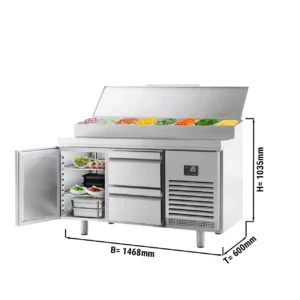 Přípravný chladící stůl - 1468x600mm - s 1 dvířky a 2 zásuvkami - nerezový nástavec 8x GN 1/4