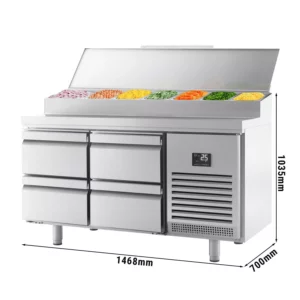Přípravný chladící stůl - 1468x700mm - se 4 zásuvkami - nerezový nástavec 1x GN 1/2 & 6x GN 1/3