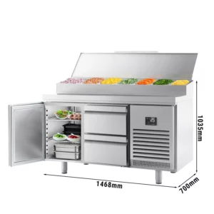 Přípravný chladící stůl - 1468x700mm - s 1 dvířky a 2 zásuvkami - nerezový nástavec 1x GN 1/2 & 6x GN 1/3