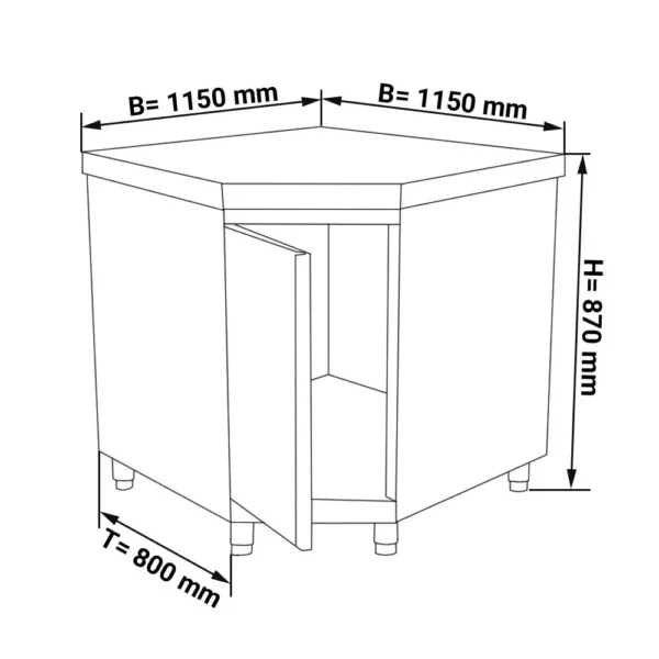Nerezová rohová pracovní skříňka PREMIUM s křídlovými dveřmi bez podstavce 1150x800mm - Image 3