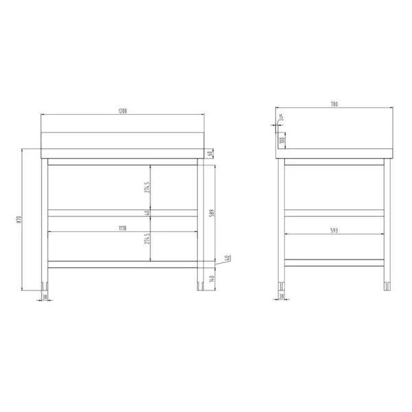 Nerezový pracovní stůl PREMIUM - 1200 x 700 mm - se základní policí, stojanem a mezipoličkou - Image 4