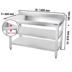 Nerezový pracovní stůl PREMIUM - 1400x600mm - se základní policí, podstavcem a mezipoličkou