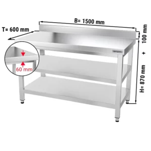 Nerezový pracovní stůl PREMIUM - 1500x600mm - se základní policí, podstavcem a mezipoličkou