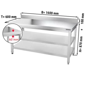 Nerezový pracovní stůl PREMIUM - 1600x600mm - se základní policí, podstavcem a mezipoličkou