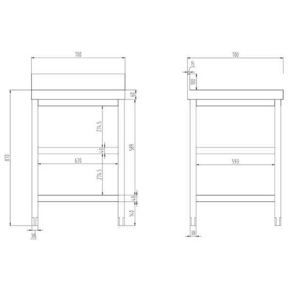 Nerezový pracovní stůl PREMIUM - 700 x 700 mm - se základní policí, stojanem a mezipoličkou - Image 7