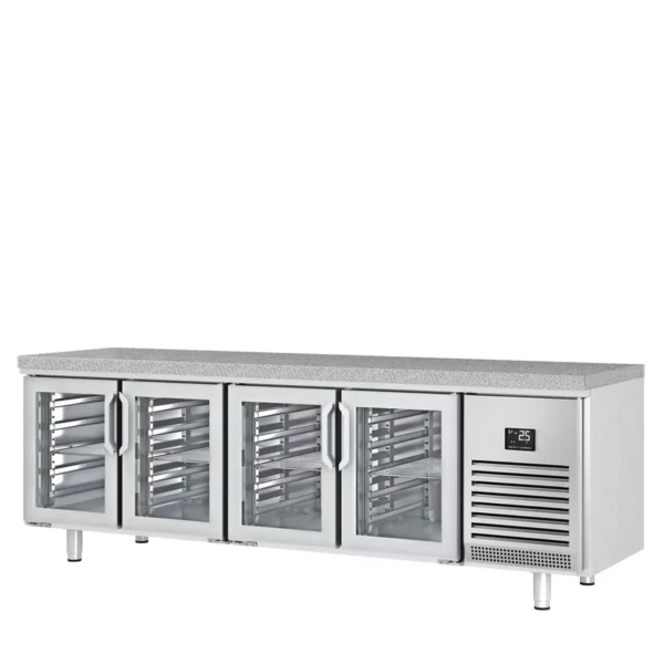 Pekařský chladící stůl PREMIUM PLUS - 2752x800mm - 4 skleněná dvířka a žulová pracovní deska