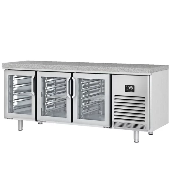 Pekařský chladící stůl PREMIUM PLUS - 2185x800mm - 3 skleněná dvířka a žulová pracovní deska