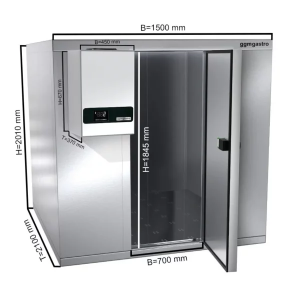 Chladící místnost z nerezavějící oceli - 1500 x 2100 mm - 4,8 m3 - chladící jednotka