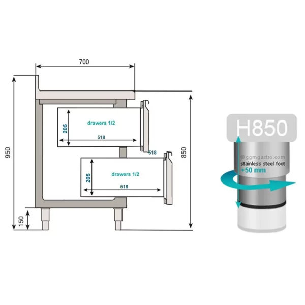 Chladící stůl PREMIUM PLUS - 2452 x 700 mm - se 3 dveřmi a 2 zásuvkami a se zadní stěnou - Image 11
