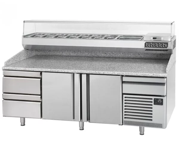 Chladící stůl na pizzu PREMIUM PLUS - 2305x800mm - se 2 dvířky a 2 zásuvkami - včetně chladící vitríny - 10x GN 1/3 - Image 10
