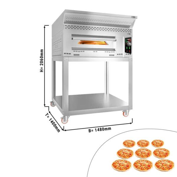 Plynová kamna na pizzu - 9x 34 cm - manuální - včetně digestoře, základního rámu a soupravy kol