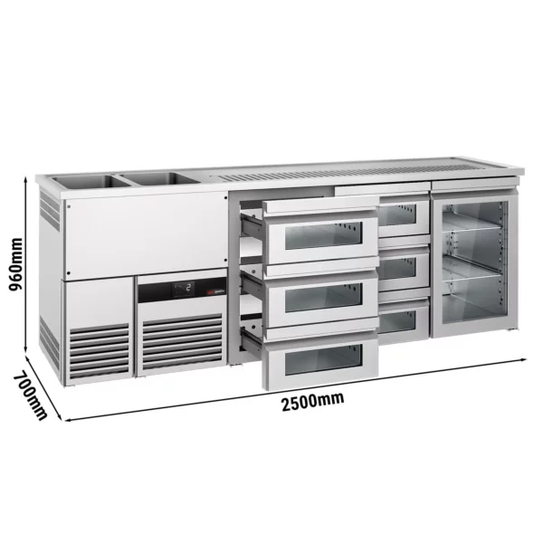 Pivní bar PREMIUM - 2500x700mm - 1 skleněná dvířka a 6 skleněných zásuvek