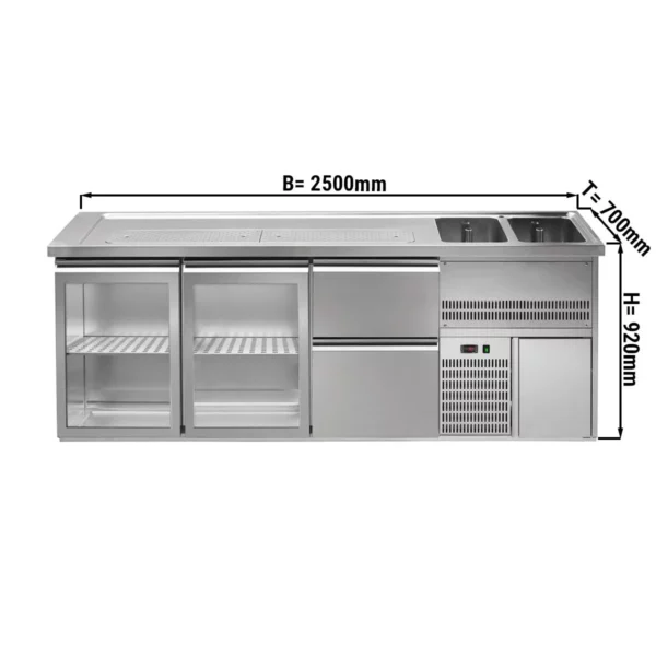 Pivní pult PREMIUM PLUS - 2500x700mm - 2 skleněná dvířka a 2 zásuvky
