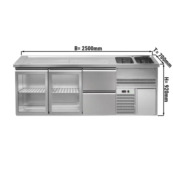 Pivní pult PREMIUM PLUS - 2500x700mm - 2 skleněná dvířka a 2 zásuvky