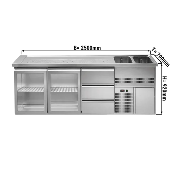 Pivní pult PREMIUM PLUS - 2500x700mm - 2 skleněná dvířka a 3 zásuvky