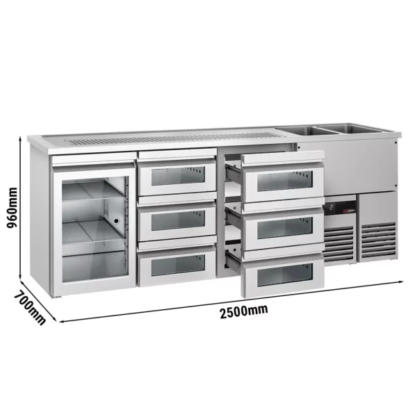 Pivní bar PREMIUM - 2500x700mm - 1 skleněná dvířka a 6 skleněných zásuvek