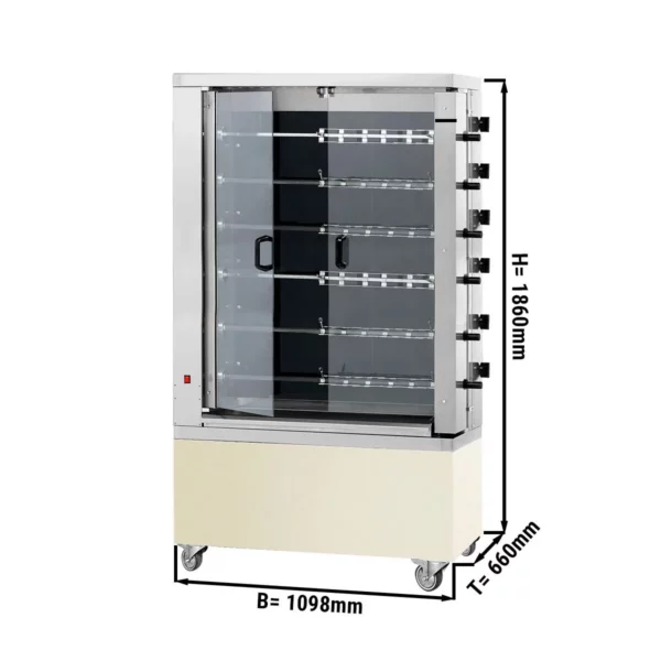 Sklokeramický elektrický gril na kuřata PREMIUM s 11 rožněmi pro 66 kuřat - 1098 x 660 x 1860 mm